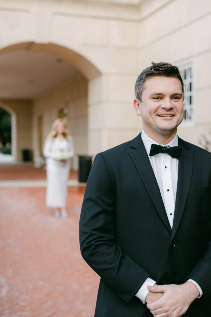 Couple's First Look during Intimate Wedding in Kannapolis, NC
